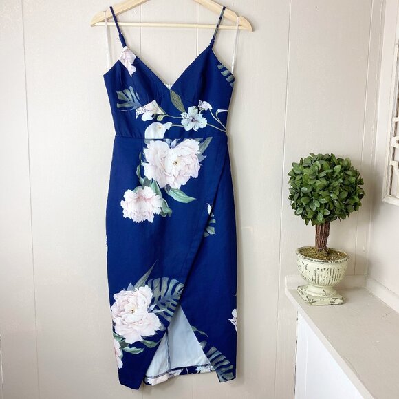 Showpo. Dresses & Skirts - White Closet-Showpo Brand Navy Blue White Floral Fitted Midi Dress Size 2
